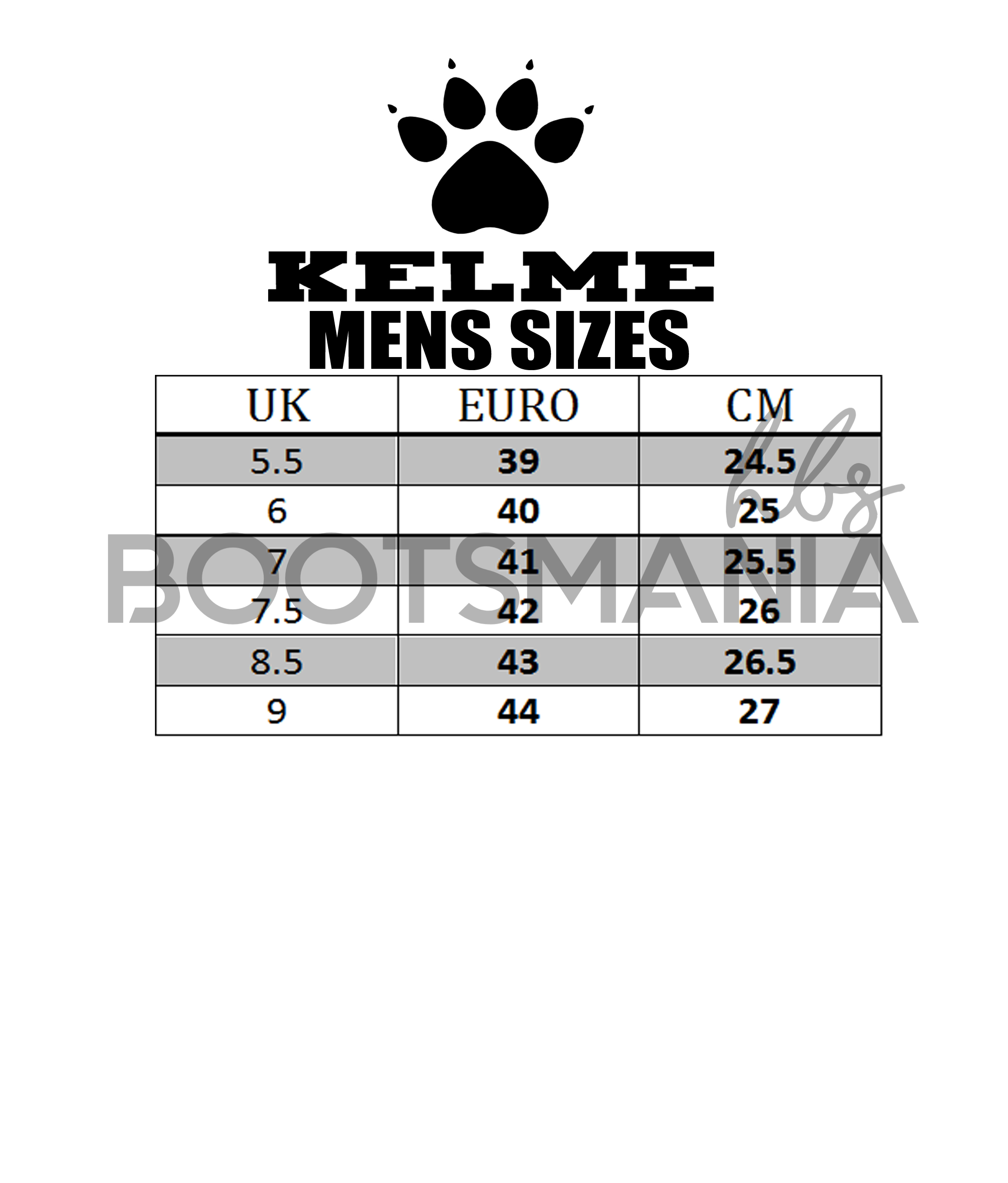 Kelme Shoes Size Chart
