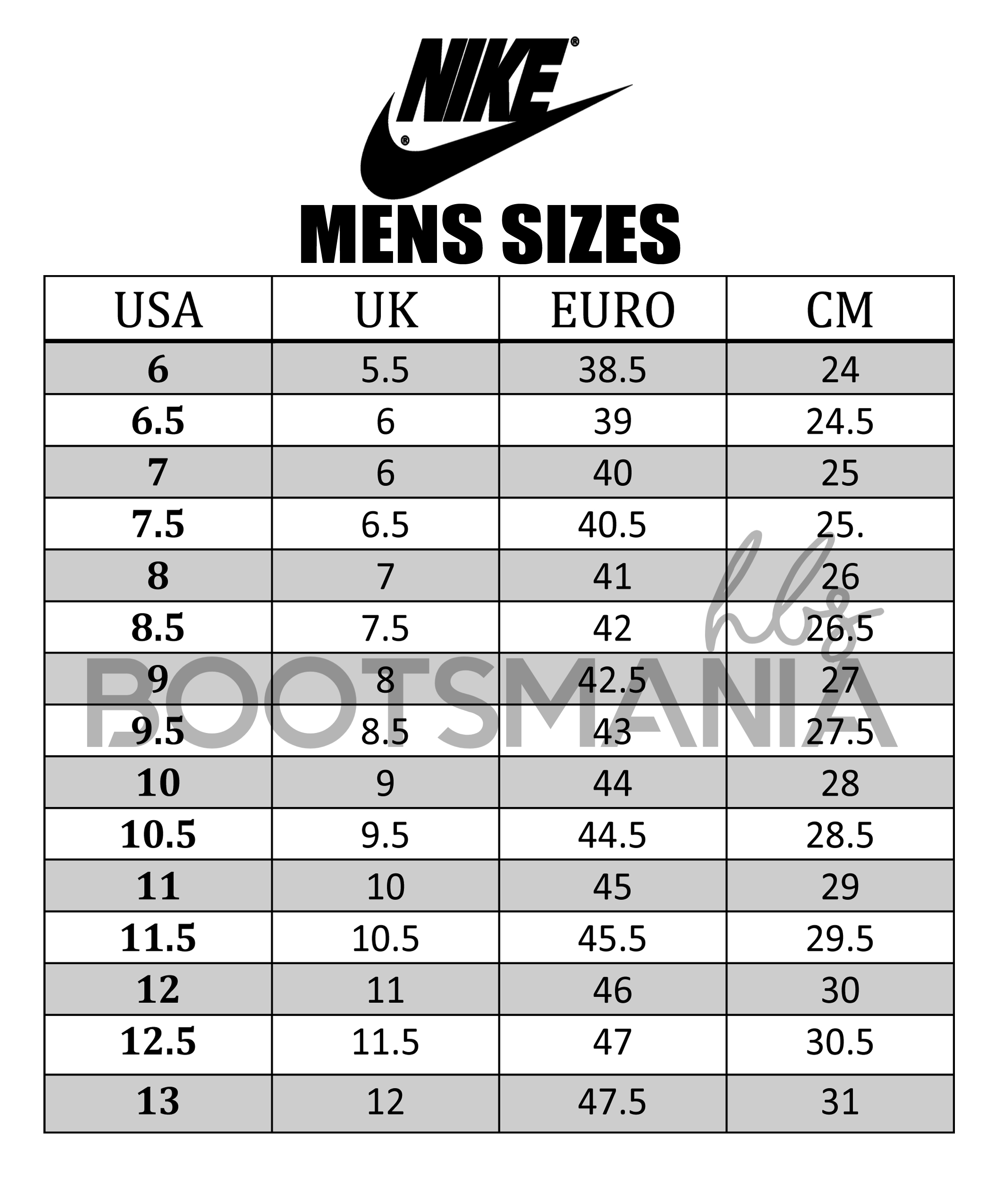 nike boots size guide