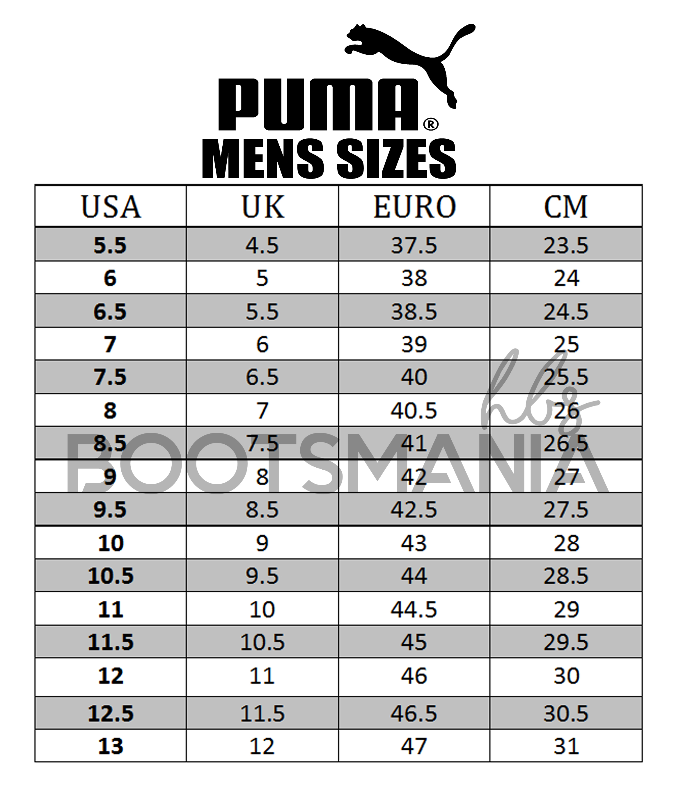 bootsmania size chart puma – Bootsmania